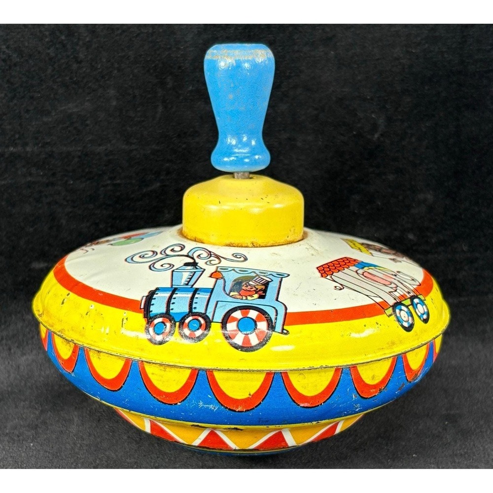 Vintage Mid Century Bryan‎ Ohio Art Metal Spinning Top Circus Train Animals Tin